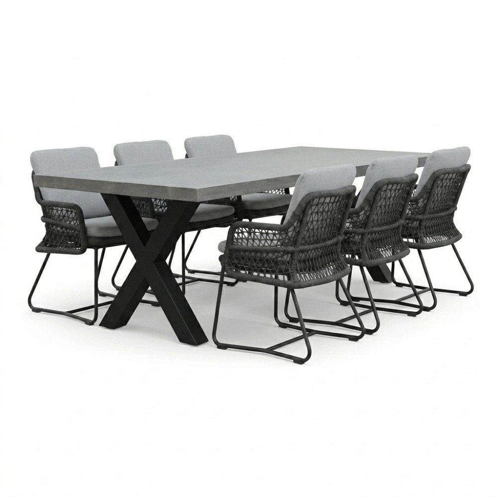 Lyon/Gianna Stone Grey dining tuinset | 6 personen | polystone + touw | 250cm
