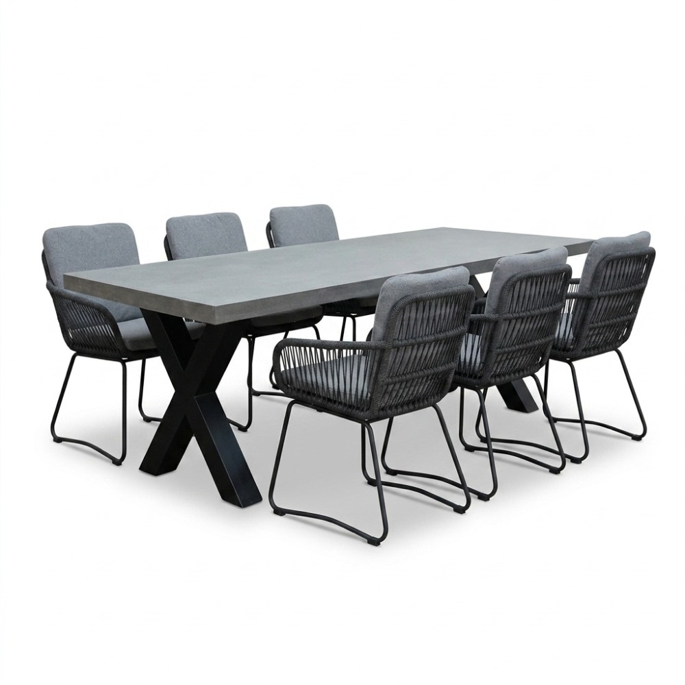 Lyon/Harper Stone Grey dining tuinset | 6 personen | polystone + touw | 250cm
