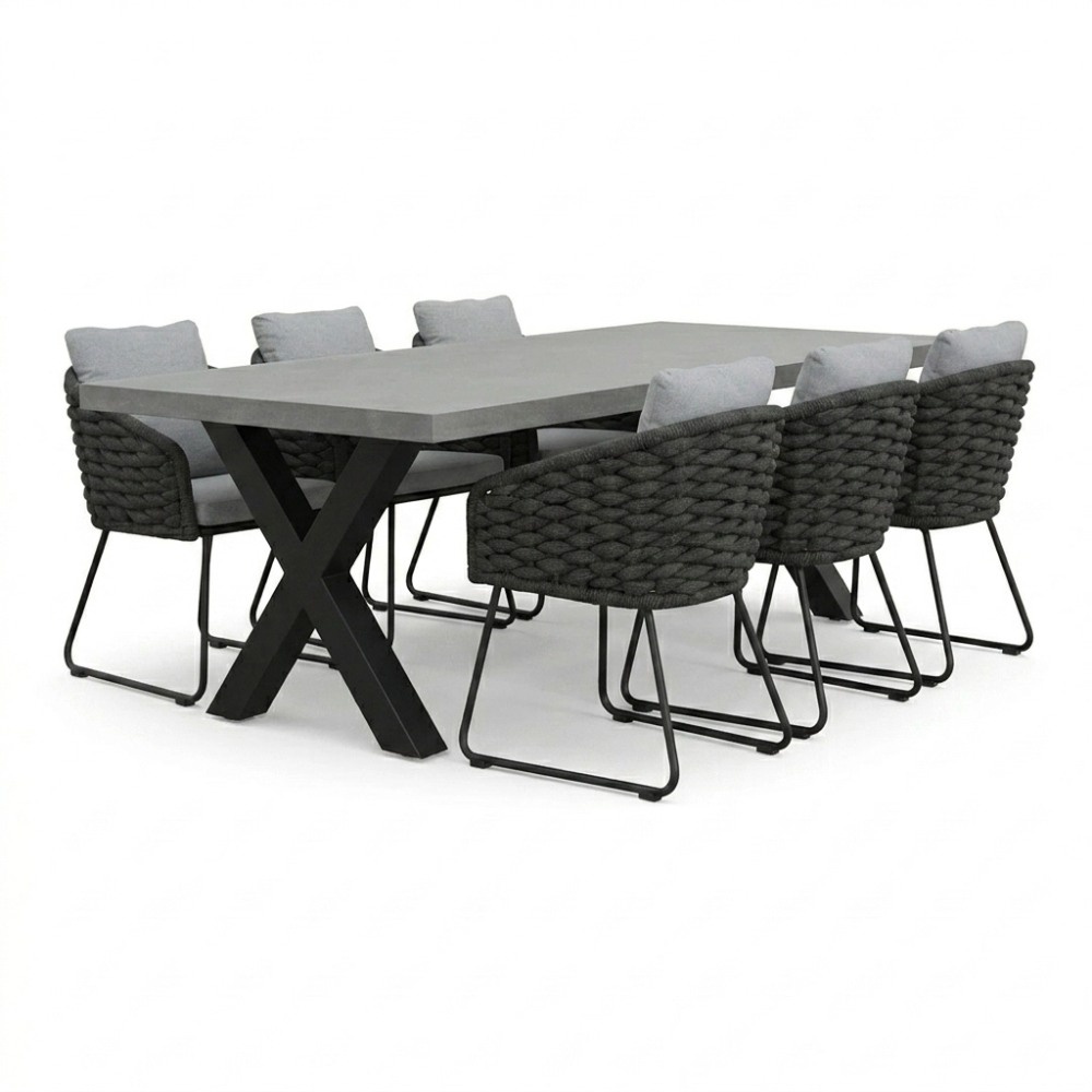 Lyon/Flora Stone Grey dining tuinset | 6 personen | polystone + touw | 250cm
