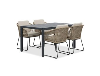 Manchester zwart/Tulum Sahara Dust dining tuinset | 4 personen | polywood + touw | 150cm