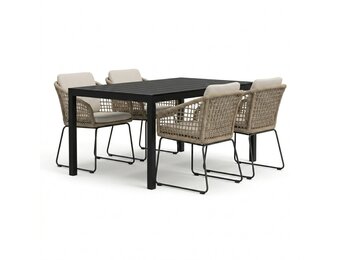 Manchester zwart/Tulum Sahara Dust dining tuinset | 4 personen | polywood + touw | 205cm