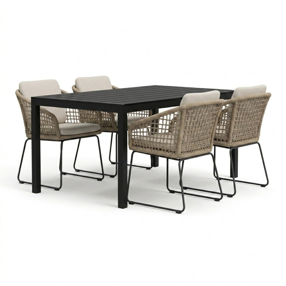 Manchester zwart/Tulum Sahara Dust dining tuinset | 4 personen | polywood + touw | 205cm