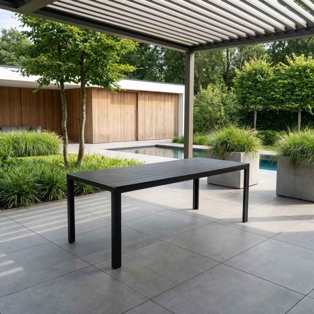 Manchester zwart/Tulum Sahara Dust dining tuinset | 4 personen | polywood + touw | 205cm