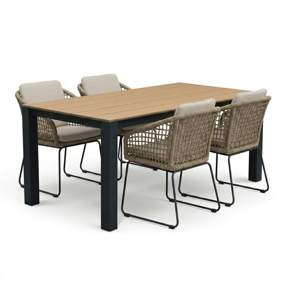 Manhattan antraciet/Tulum Sahara Dust dining tuinset | 4 personen | polywood + touw | 180cm