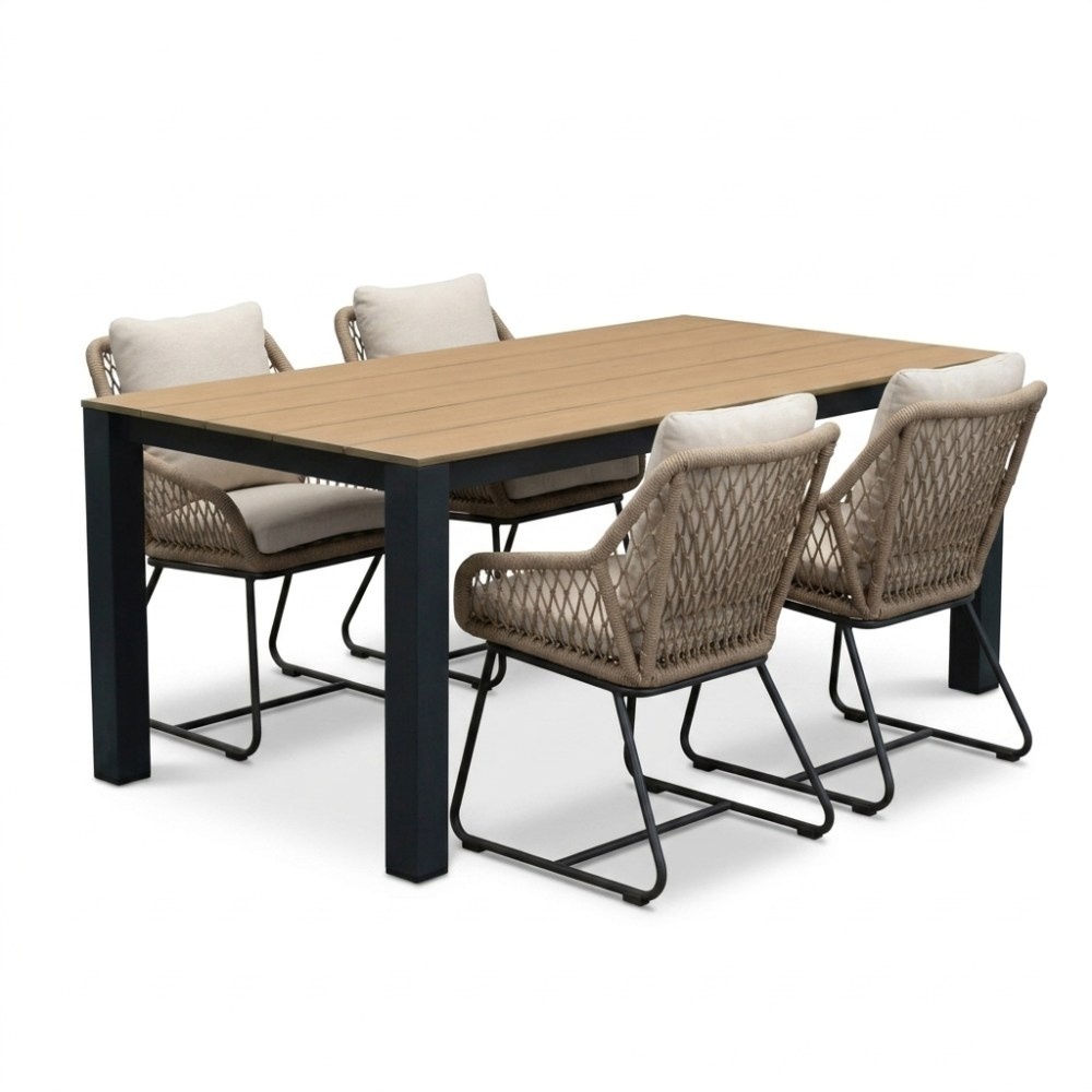 Manhattan antraciet/Portofino Sahara Dust dining tuinset | 4 personen | polywood + touw | 180cm