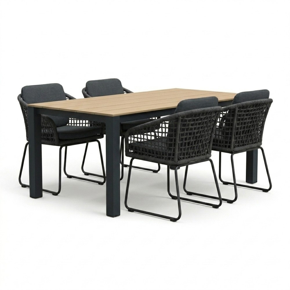 Manhattan antraciet/Tulum Lava Grey dining tuinset | 4 personen | polywood + touw | 180cm