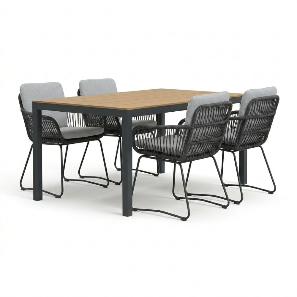 Manhattan antraciet/Harper Stone Grey dining tuinset | 4 personen | polywood + touw | 180cm