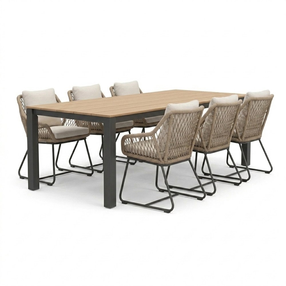 Manhattan antraciet/Portofino Sahara Dust dining tuinset | 6 personen | polywood + touw | 240cm