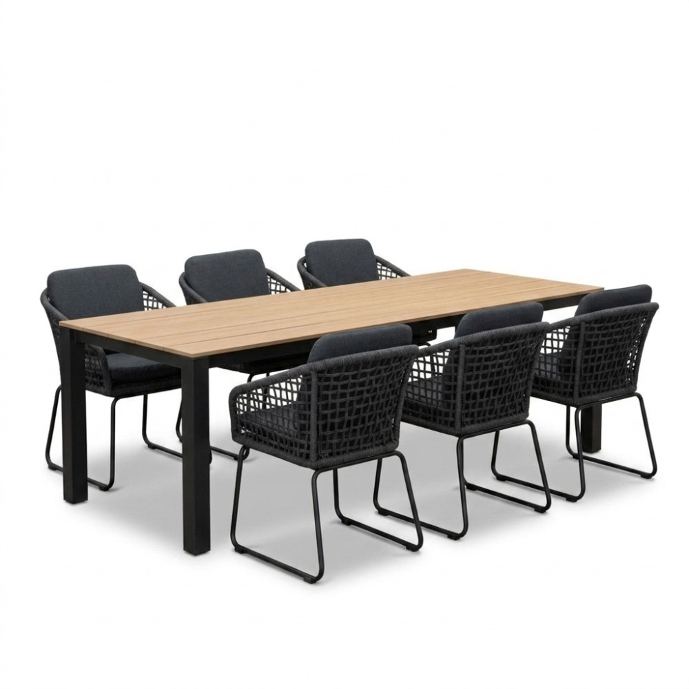 Manhattan antraciet/Tulum Lava Grey dining tuinset | 6 personen | polywood + touw | 240cm