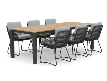 Manhattan antraciet/Harper Stone Grey dining tuinset | 6 personen | polywood + touw | 240cm
