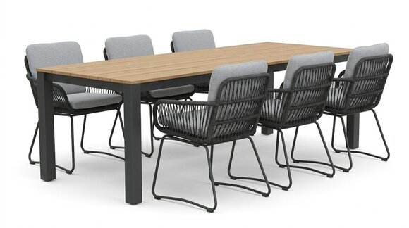 Manhattan antraciet/Harper Stone Grey dining tuinset | 6 personen | polywood + touw | 240cm