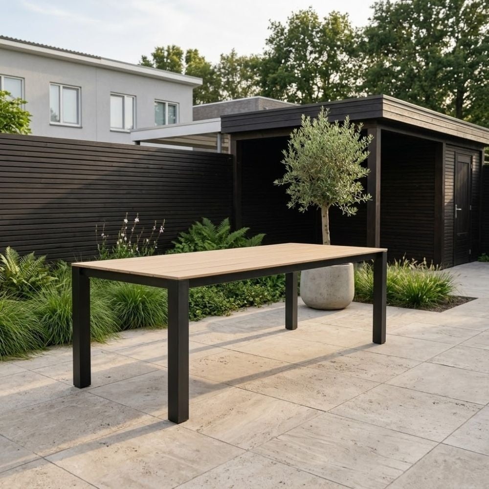 Manhattan antraciet/Harper Stone Grey dining tuinset | 6 personen | polywood + touw | 240cm