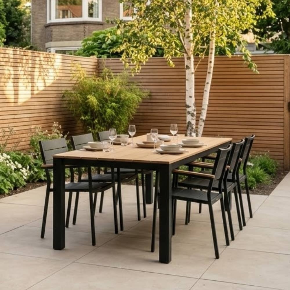 Manhattan antraciet/Harper Stone Grey dining tuinset | 6 personen | polywood + touw | 240cm