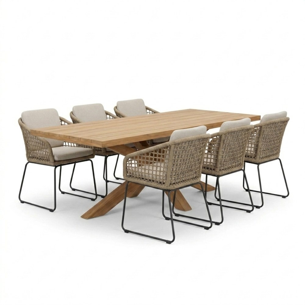 Napoli/Tulum Sahara Dust dining tuinset | 6 personen | teakhout + touw | 250cm