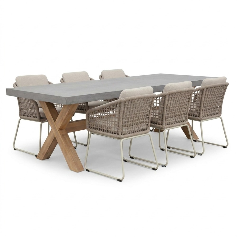Norwich/Tulum Almond Beige dining tuinset | 6 personen | polystone + touw | 250cm