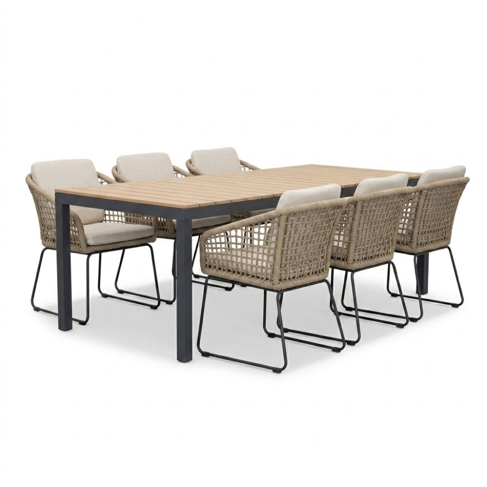 Oxford/Tulum Sahara Dust dining tuinset | 6 personen | aluminium + touw | 200cm
