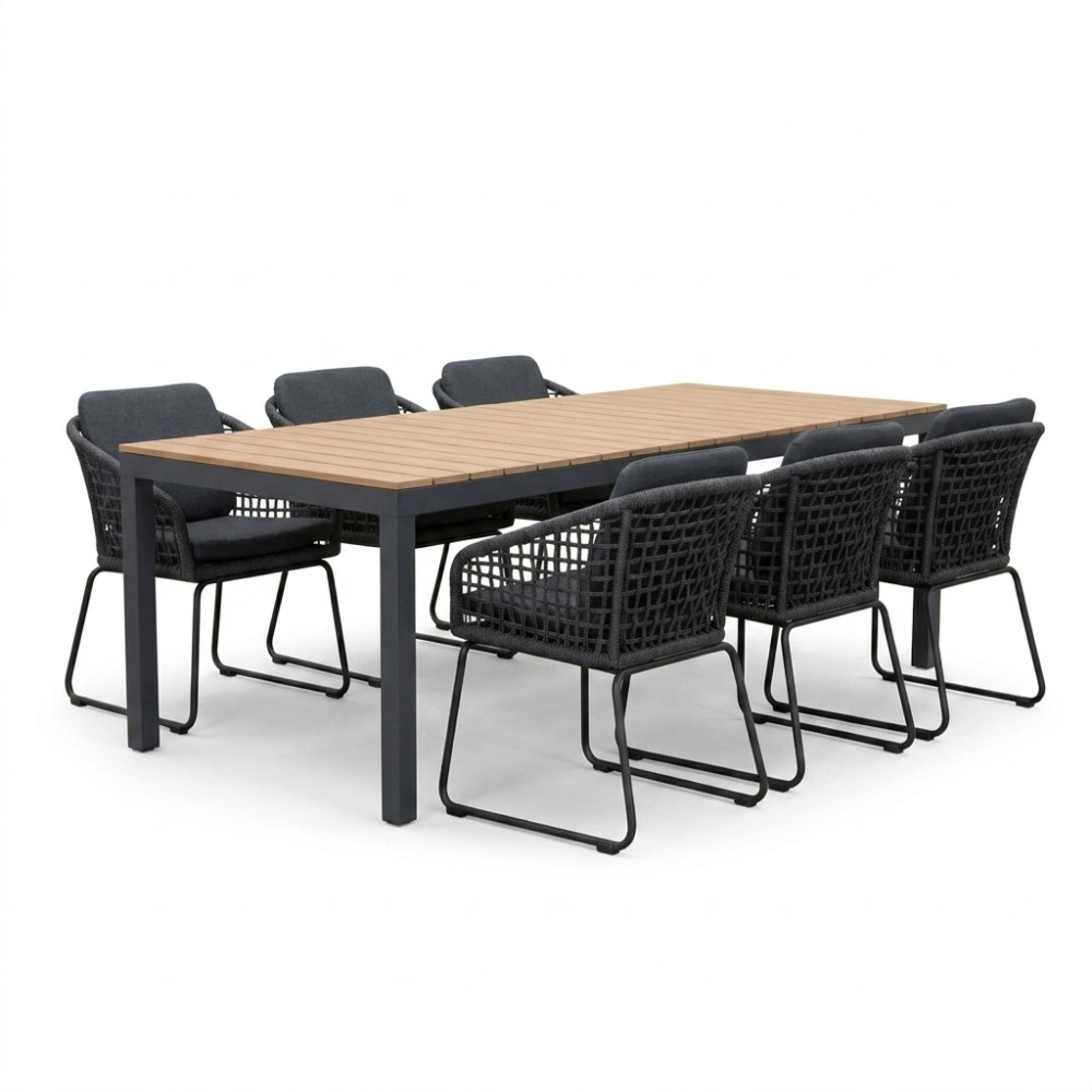 Oxford/Tulum Lava Grey dining tuinset | 6 personen | aluminium + touw | 200cm