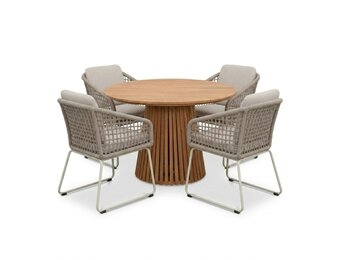 Palau/Tulum Almond Beige dining tuinset | 4 personen | teakhout + touw | Ø120cm