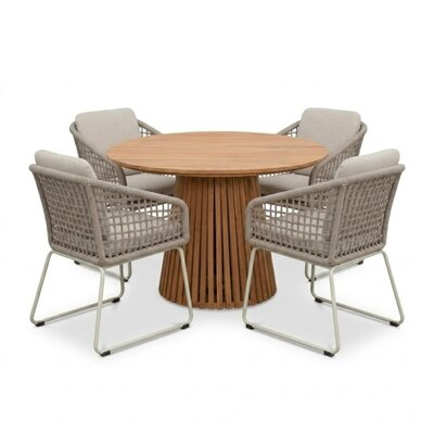 Palau/Tulum Almond Beige dining tuinset | 4 personen | teakhout + touw | Ø120cm