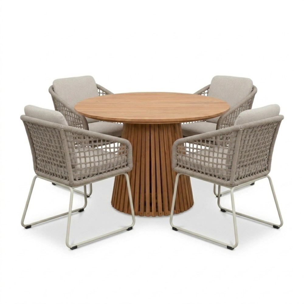 Palau/Tulum Almond Beige dining tuinset | 4 personen | teakhout + touw | Ø120cm