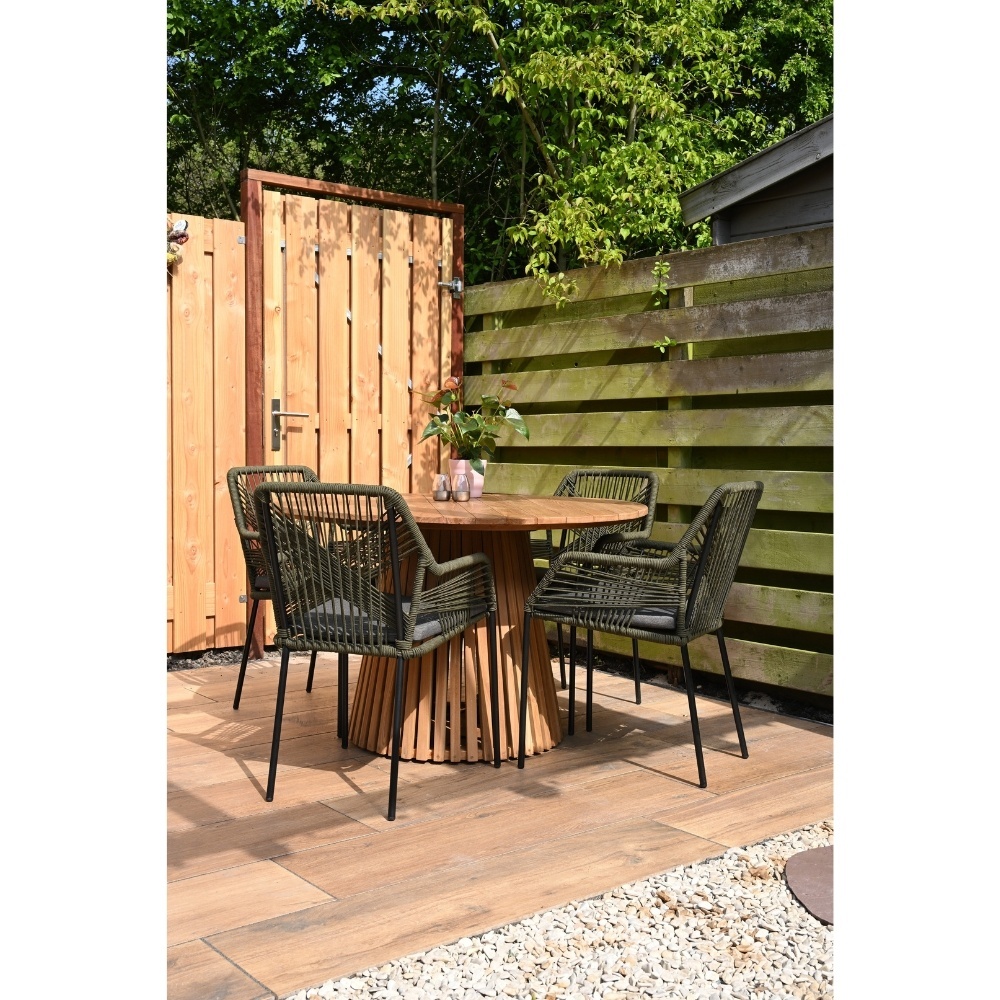 Palau/Tulum Almond Beige dining tuinset | 4 personen | teakhout + touw | Ø120cm