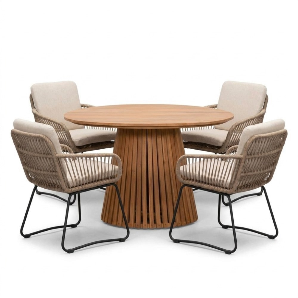 Palau/Harper Sahara Dust dining tuinset | 4 personen | teakhout + touw | Ø120cm