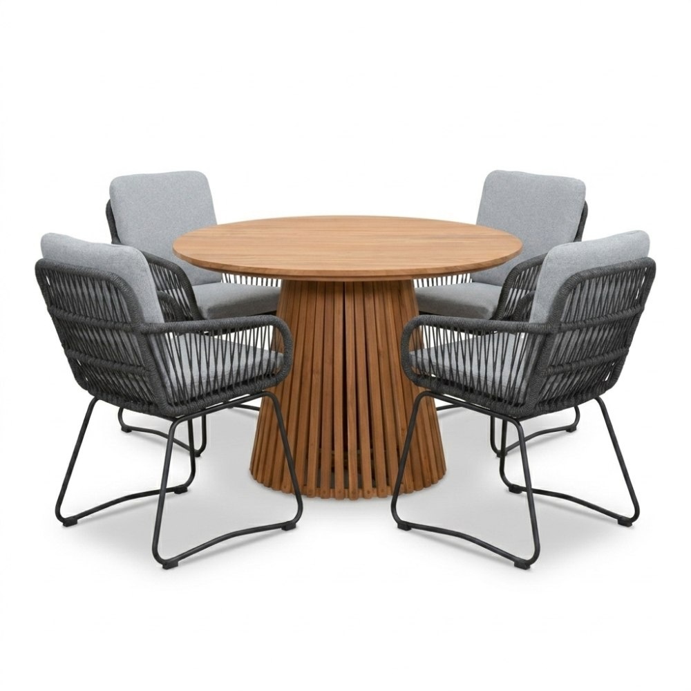 Palau/Harper Stone Grey dining tuinset | 4 personen | teakhout + touw | Ø120cm