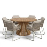 Palau/Tulum Almond Beige dining tuinset | 6 personen | teakhout + touw | Ø140cm