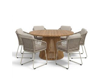 Palau/Tulum Almond Beige dining tuinset | 6 personen | teakhout + touw | Ø140cm