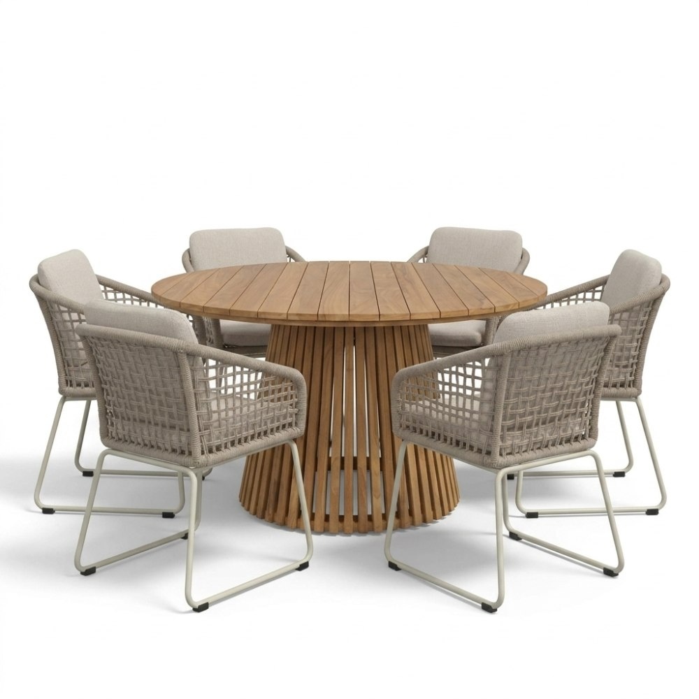 Palau/Tulum Almond Beige dining tuinset | 6 personen | teakhout + touw | Ø140cm