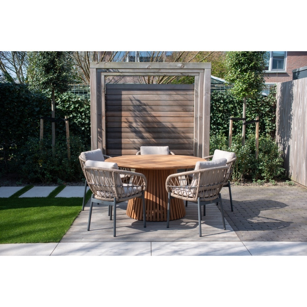 Palau/Tulum Almond Beige dining tuinset | 6 personen | teakhout + touw | Ø140cm