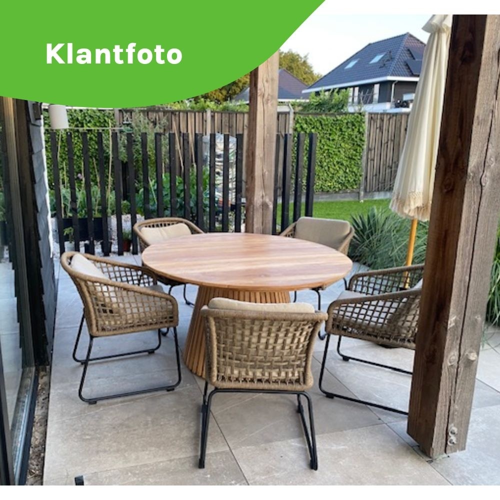 Palau/Tulum Almond Beige dining tuinset | 6 personen | teakhout + touw | Ø140cm