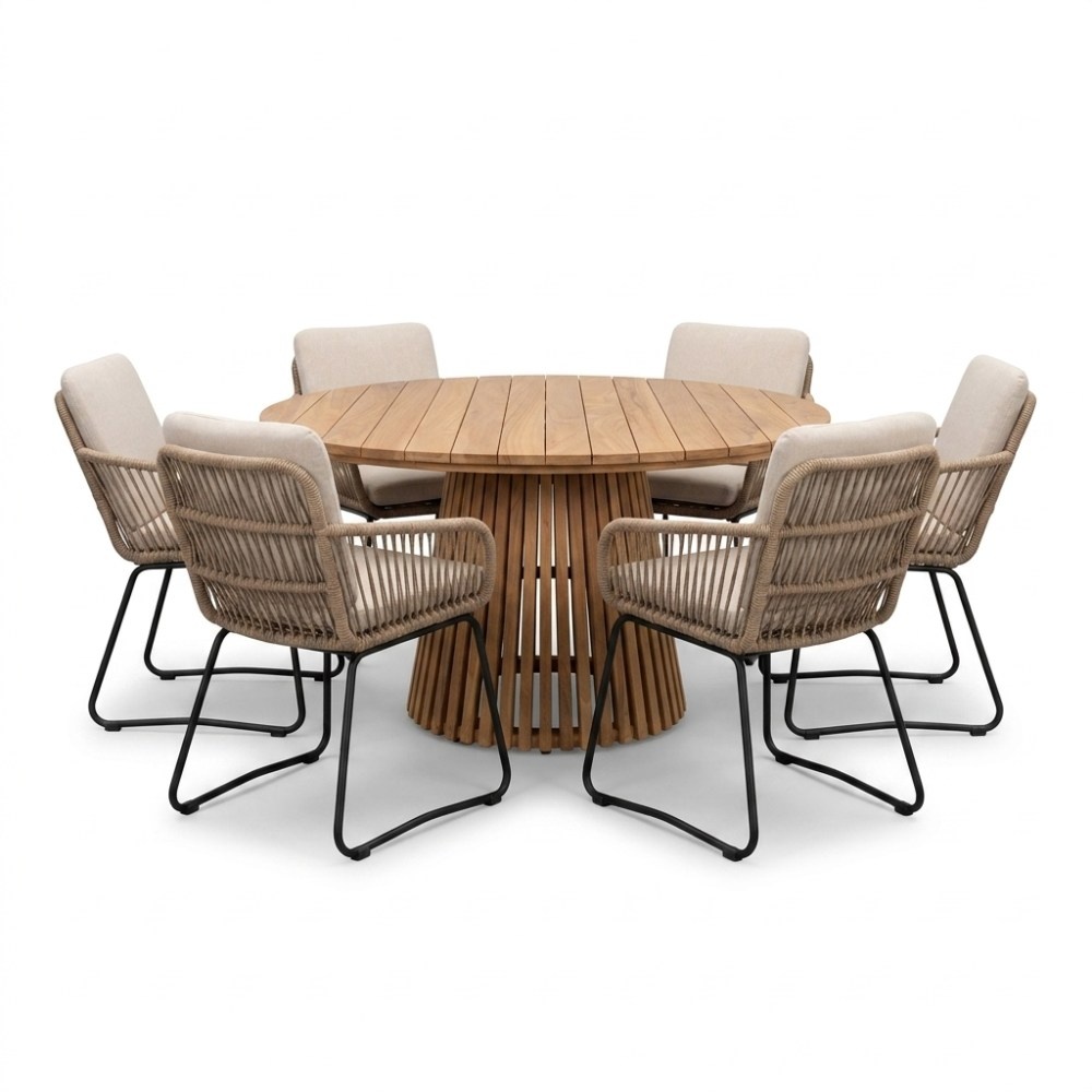 Palau/Harper Sahara Dust dining tuinset | 6 personen | teakhout + touw | Ø140cm