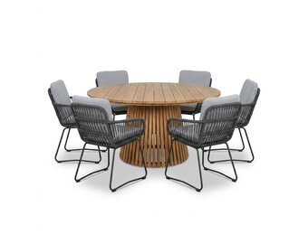 Palau/Harper Stone Grey dining tuinset | 6 personen | teakhout + touw | Ø140cm
