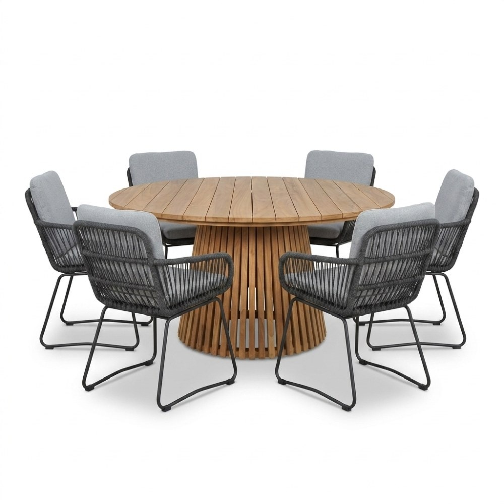 Palau/Harper Stone Grey dining tuinset | 6 personen | teakhout + touw | Ø140cm
