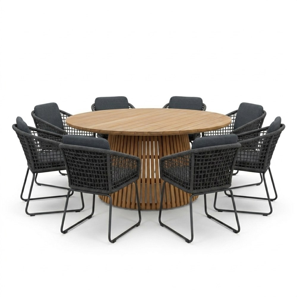 Palau/Tulum Lava Grey dining tuinset | 8 personen | teakhout + touw | 180cm