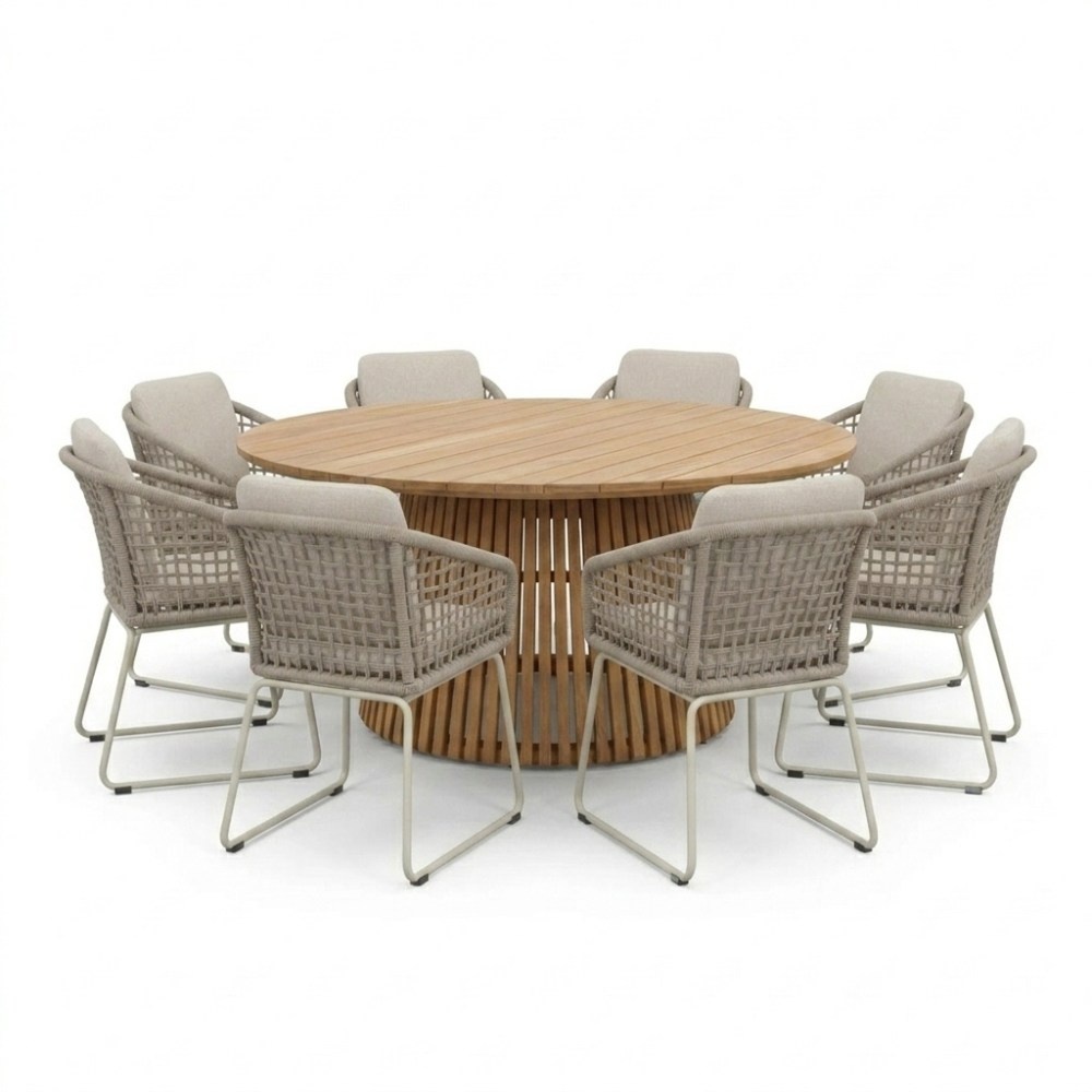 Palau/Tulum Almond Beige dining tuinset | 8 personen | teakhout + touw | 180cm