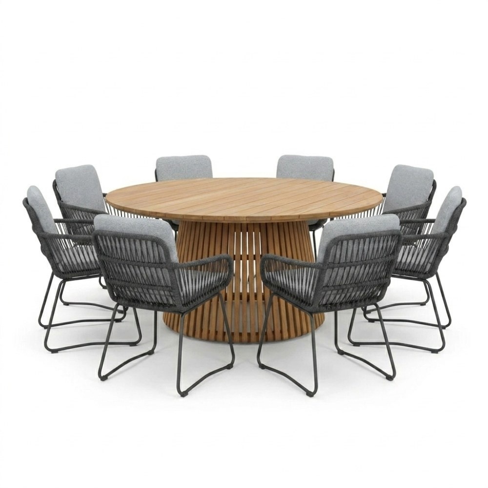 Palau/Harper Stone Grey dining tuinset | 8 personen | teakhout + touw | 180cm