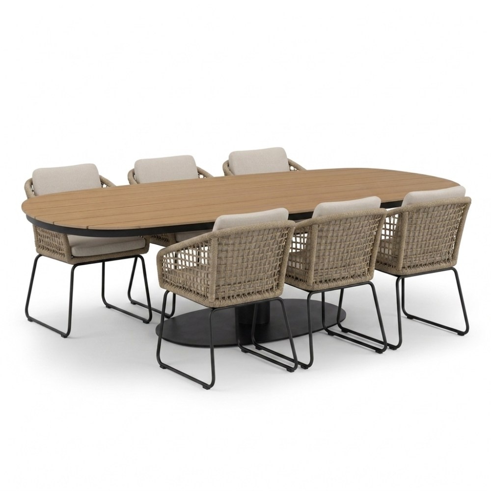 Panama antraciet/Tulum Sahara Dust dining tuinset | 6 personen | polywood + touw | 260cm