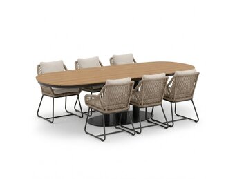 Panama antraciet/Portofino Sahara Dust dining tuinset | 6 personen | polywood + touw | 260cm
