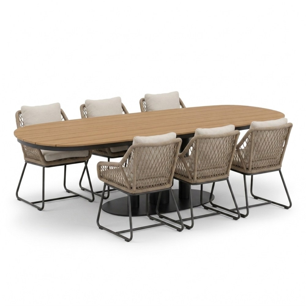 Panama antraciet/Portofino Sahara Dust dining tuinset | 6 personen | polywood + touw | 260cm