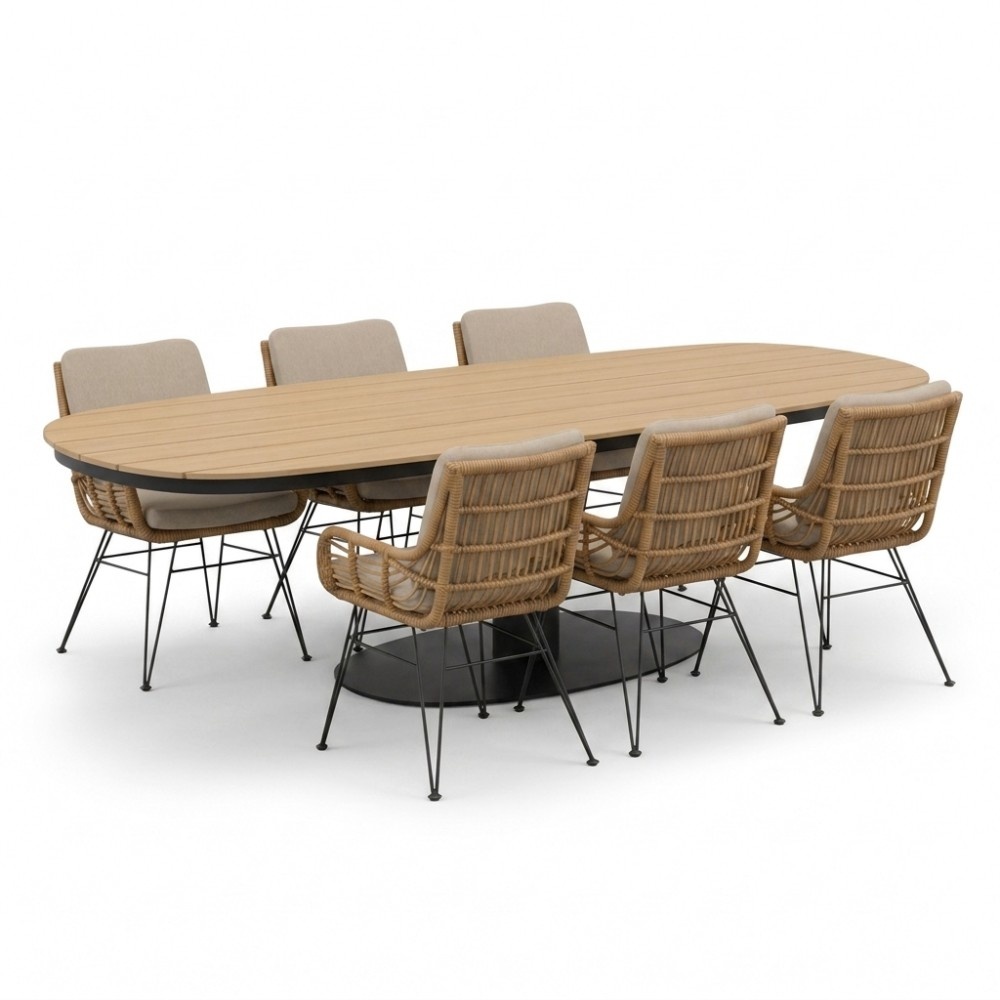 Panama antraciet/Carlos taupe dining tuinset | 6 personen | polywood + wicker | 260cm