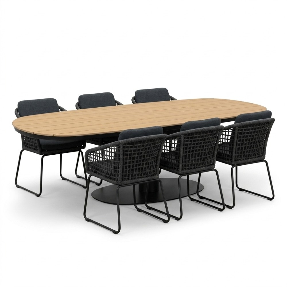 Panama antraciet/Tulum Lava Grey dining tuinset | 6 personen | polywood + touw | 260cm