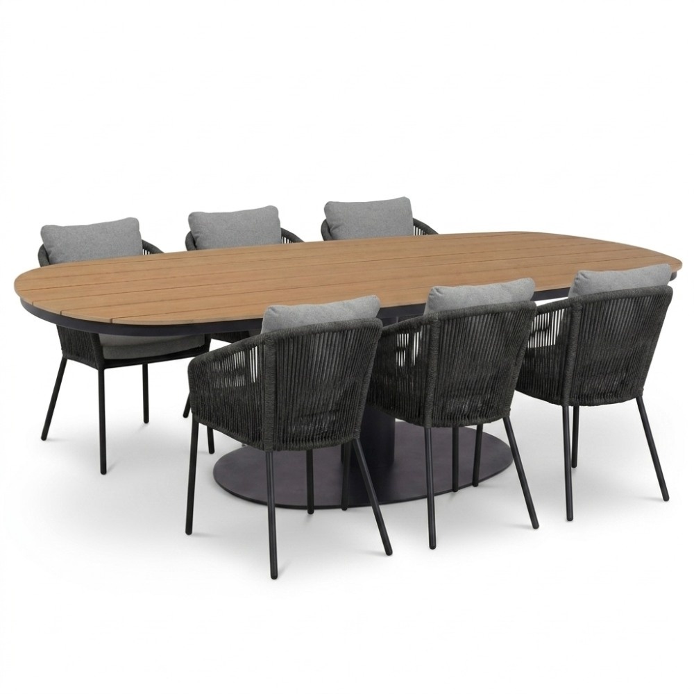 Panama antraciet/Lexis Stone Grey dining tuinset | 6 personen | polywood + touw | 260cm