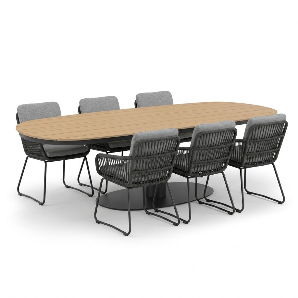 Panama antraciet/Harper Stone Grey dining tuinset | 6 personen | polywood + touw | 260cm