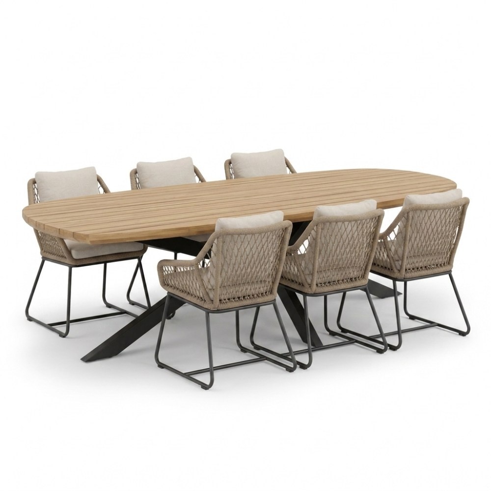 Salo/Portofino Sahara Dust dining tuinset | 6 personen | hardhout + touw | 240cm Deens