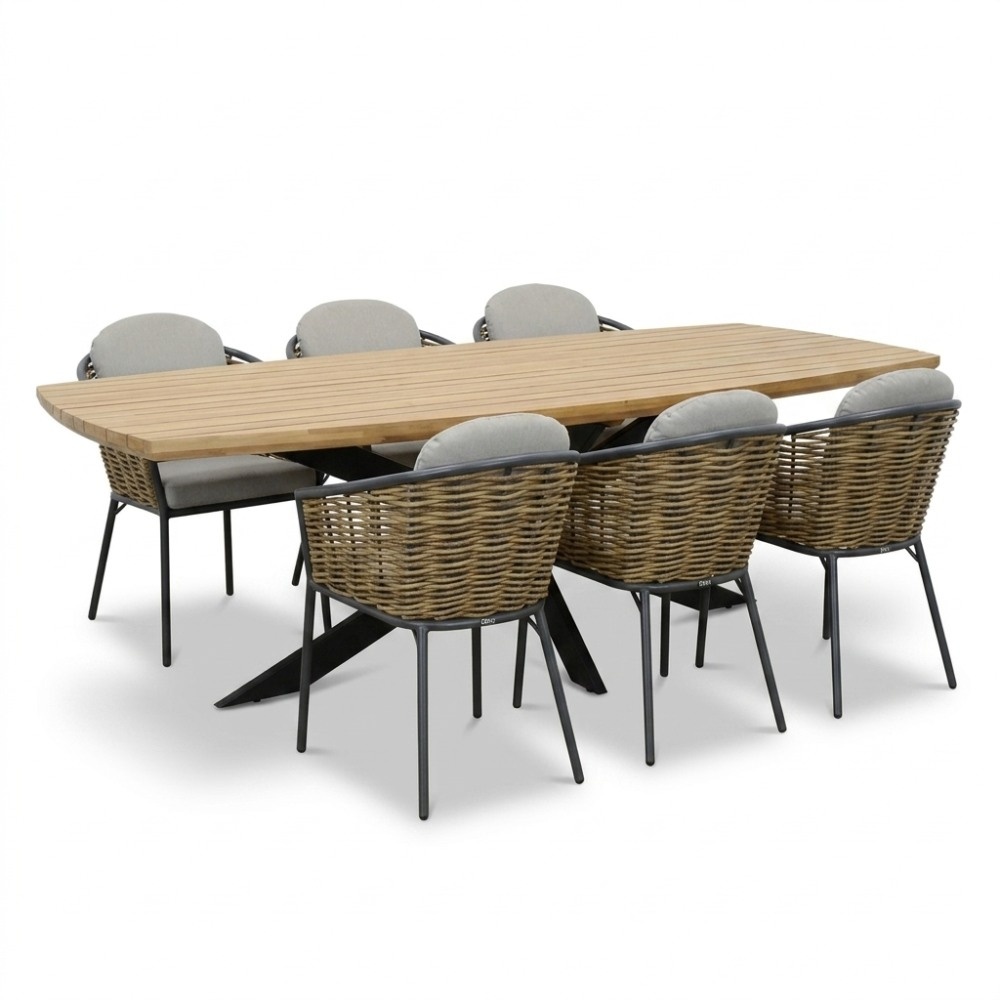 Salo/Lucca dining tuinset | 6 personen | hardhout + wicker | 240cm Deens
