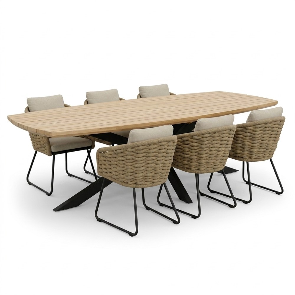 Salo/Flora Sahara Dust dining tuinset | 6 personen | hardhout + touw | 240cm Deens