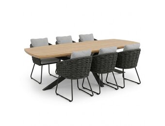 Salo/Flora Stone Grey dining tuinset | 6 personen | hardhout + touw | 240cm Deens