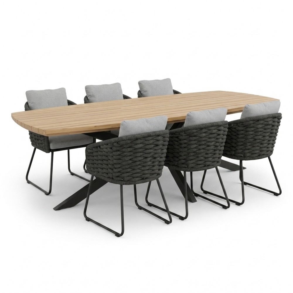 Salo/Flora Stone Grey dining tuinset | 6 personen | hardhout + touw | 240cm Deens